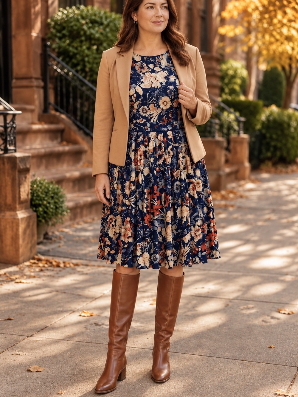 Maggy London Navy Floral Midi Dress with Warm Floral Accents